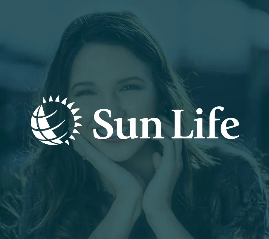 Smiling woman resting chin on hands, overlaid with Sun Life logo in teal tone.