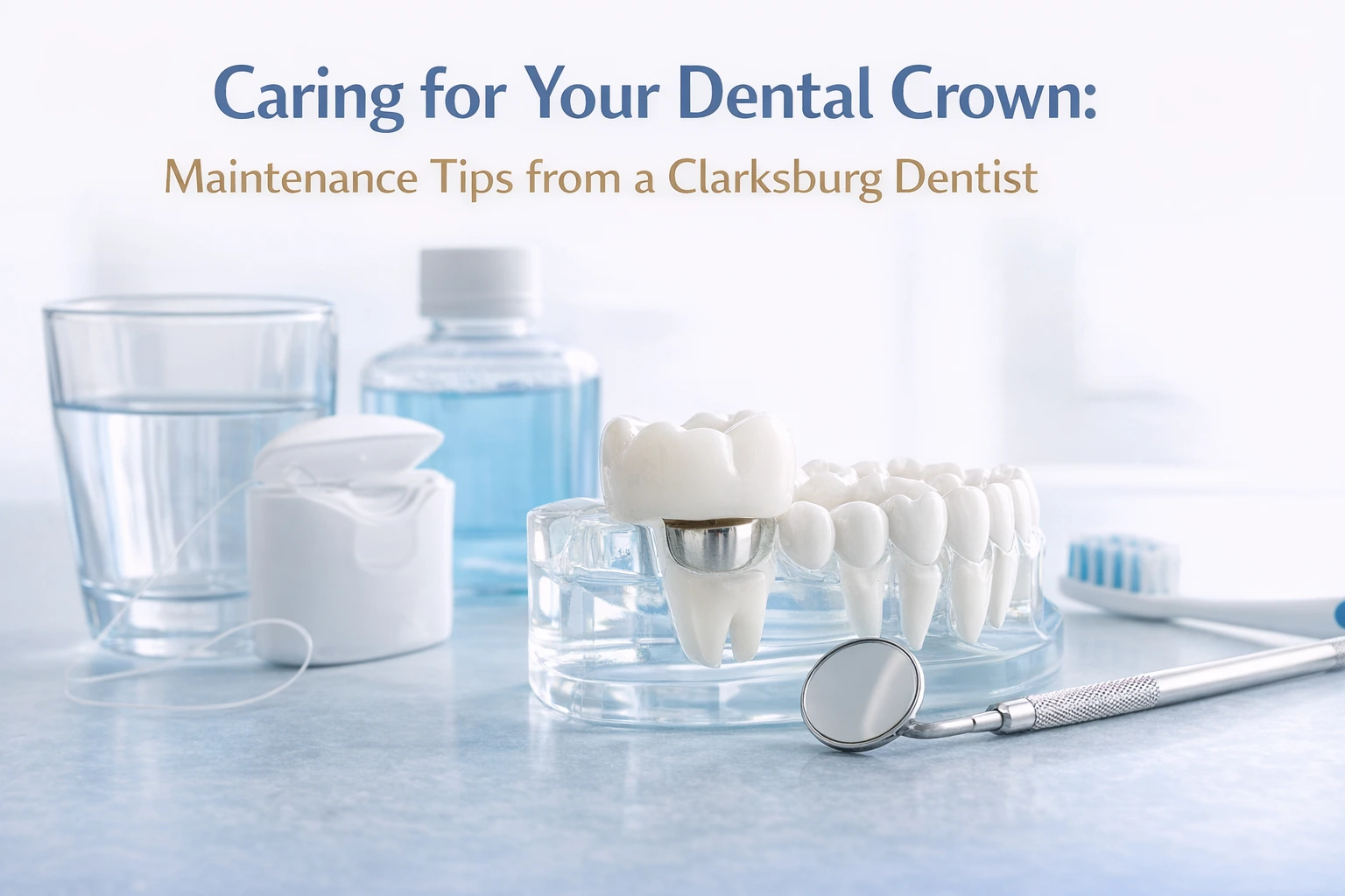 Dental care essentials and crown model